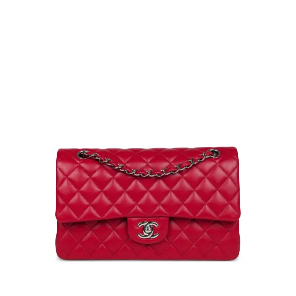 Chanel Classic Handbag Red Silver Hardware