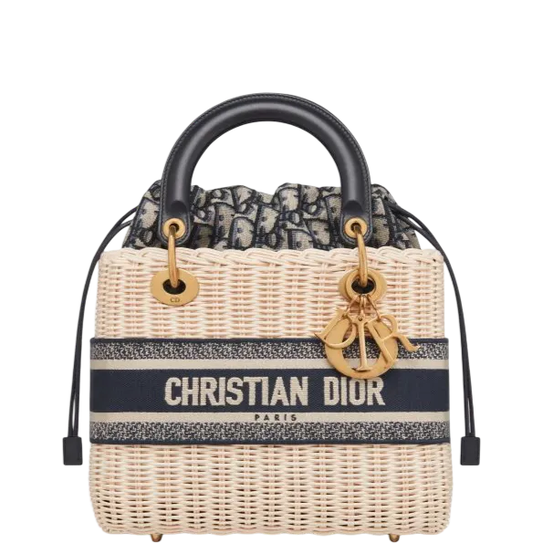 Dior Natural Wicker And Blue Dior Oblique Jacquard Bag