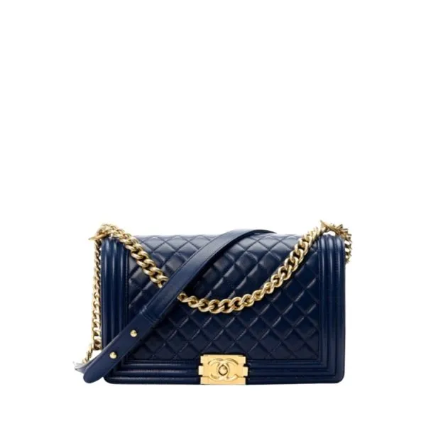 Chanel Classic Boy Flap Quilted Lambskin Shoulder Bag Navy Blue
