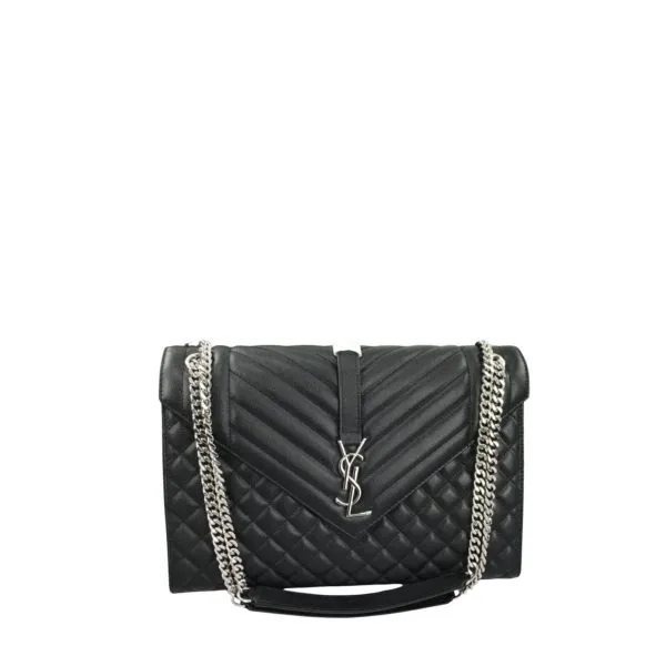 Saint Laurent Envelope Small Bag in Mix Matelasse Grain De Poudre Embossed Black Silver 21cm