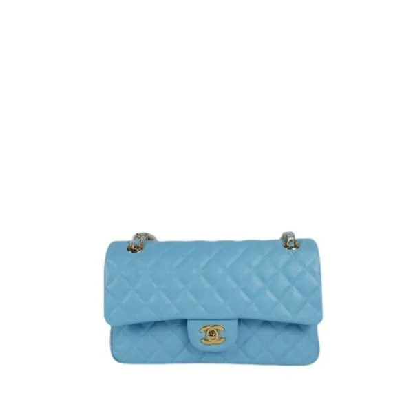 Chanel Classic Medium Lambskin Flap Bag Light Blue Gold 25cm