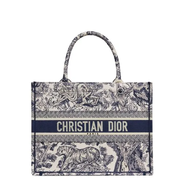 Dior 36cm Navy Blue Toile De Jouy Stripes Embroidery Medium Book Tote