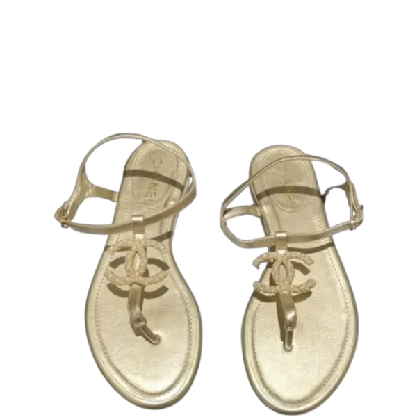 Chanel Gold Pearl CC Logo Golden Thong Sandals