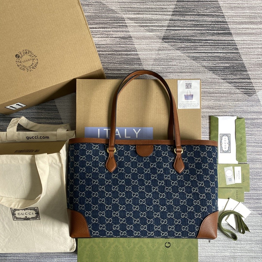 GUCCI DARK BLUE OPHIDIA GG MEDIUM TOTE