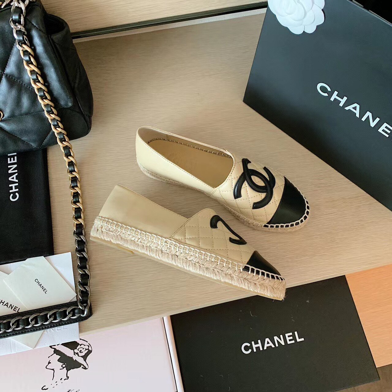 CHANEL BEIGEBLACK ESPADRILLES