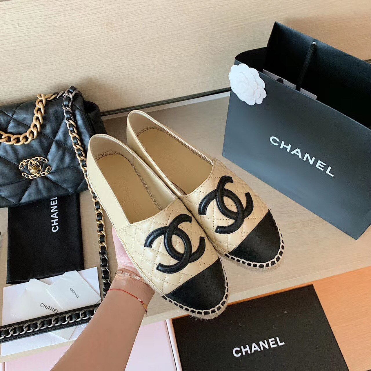 CHANEL BEIGEBLACK ESPADRILLES