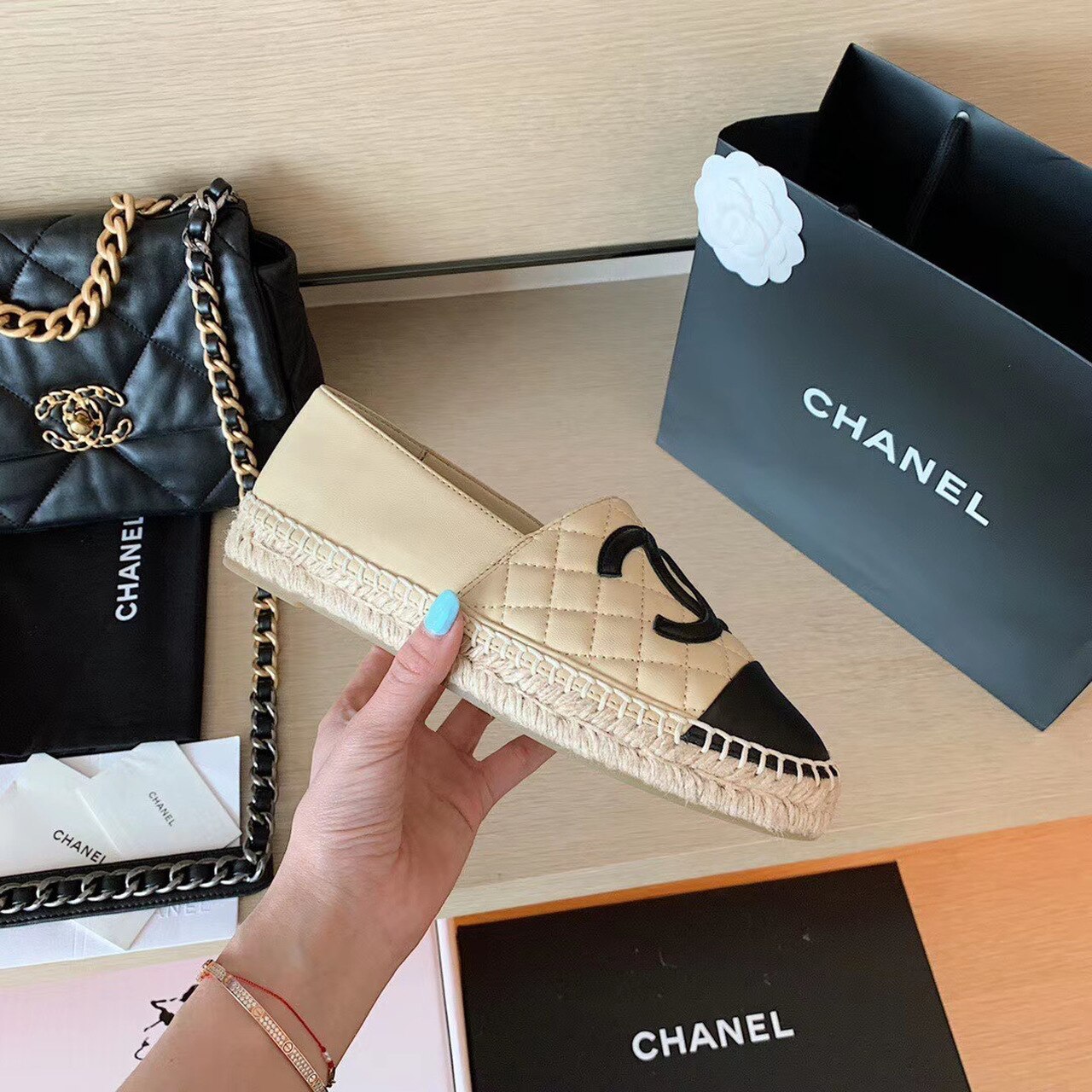 CHANEL BEIGEBLACK ESPADRILLES
