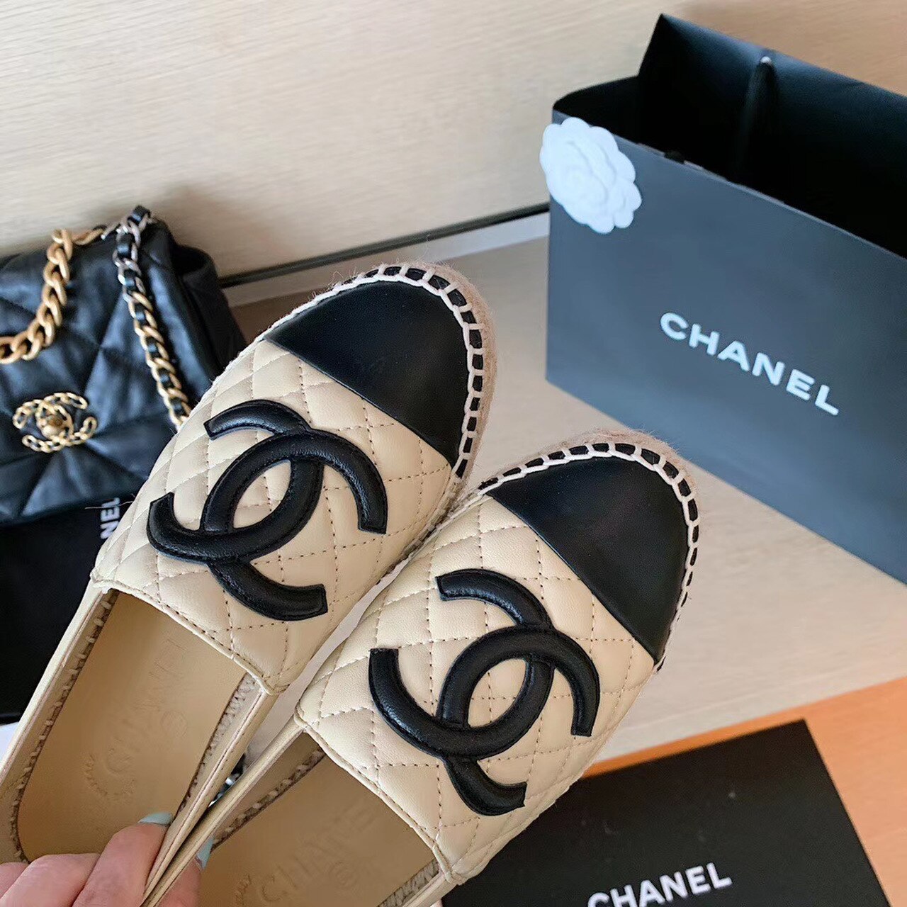 CHANEL BEIGEBLACK ESPADRILLES
