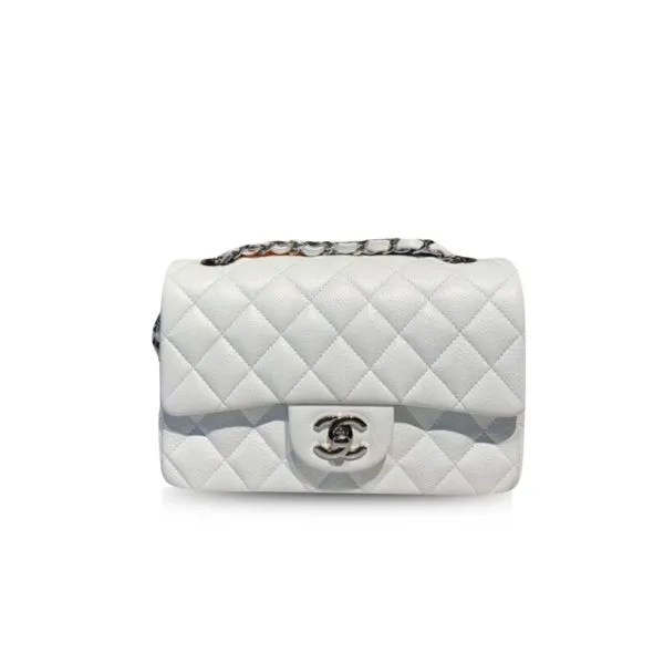 Chanel Small Classic Handbag Silver Hardware White