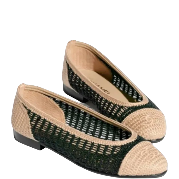 Chanel Black/Beige Raffia Ballet Flats