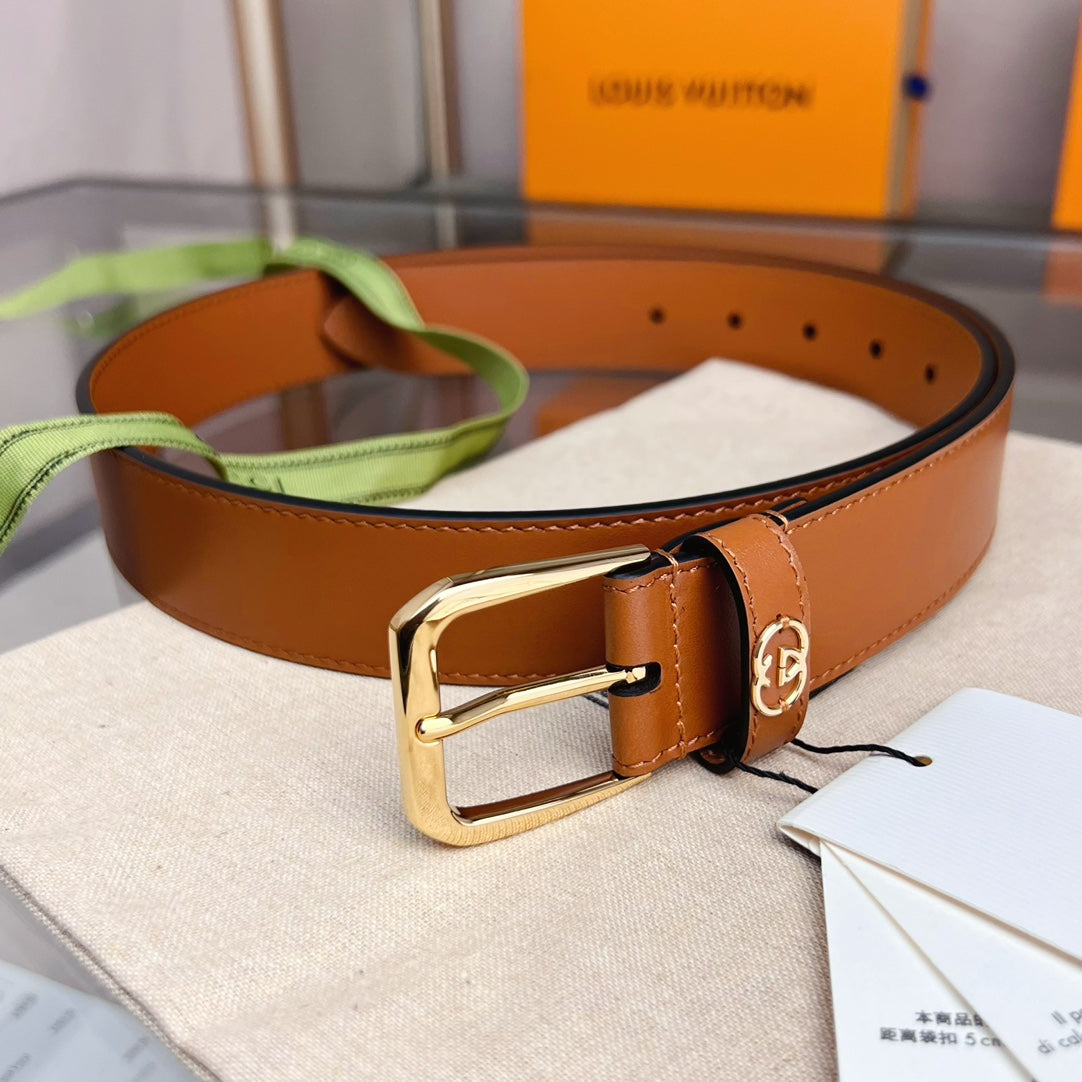 GUCCI BROWN BELT WITH SQUARE BUCKLE AND INTERLOCKING G GOLD MEATL 35MM