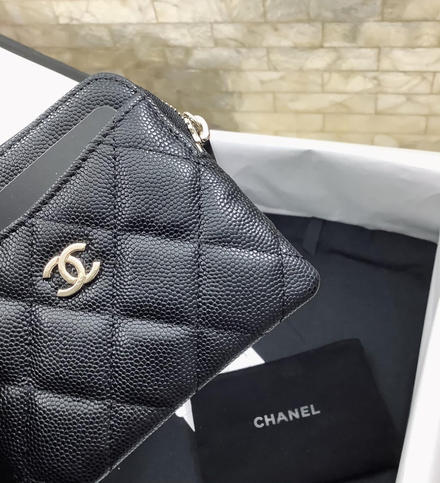 CHANEL CAVIAR QUILTED ZIP CARD HOLDER BLACK WALLET