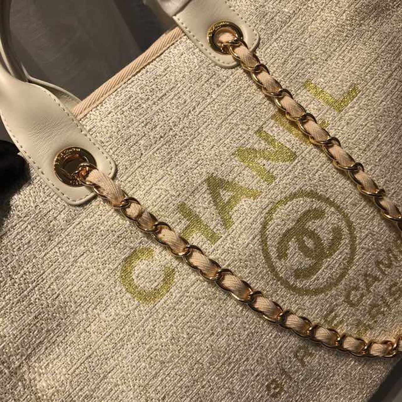 CHANEL BEIGE DEAUVILLE TOTE TWEED CANVAS BAG