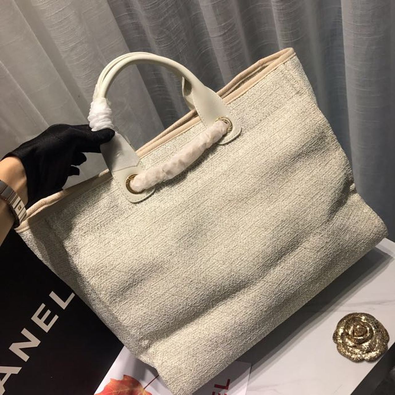 CHANEL BEIGE DEAUVILLE TOTE TWEED CANVAS BAG