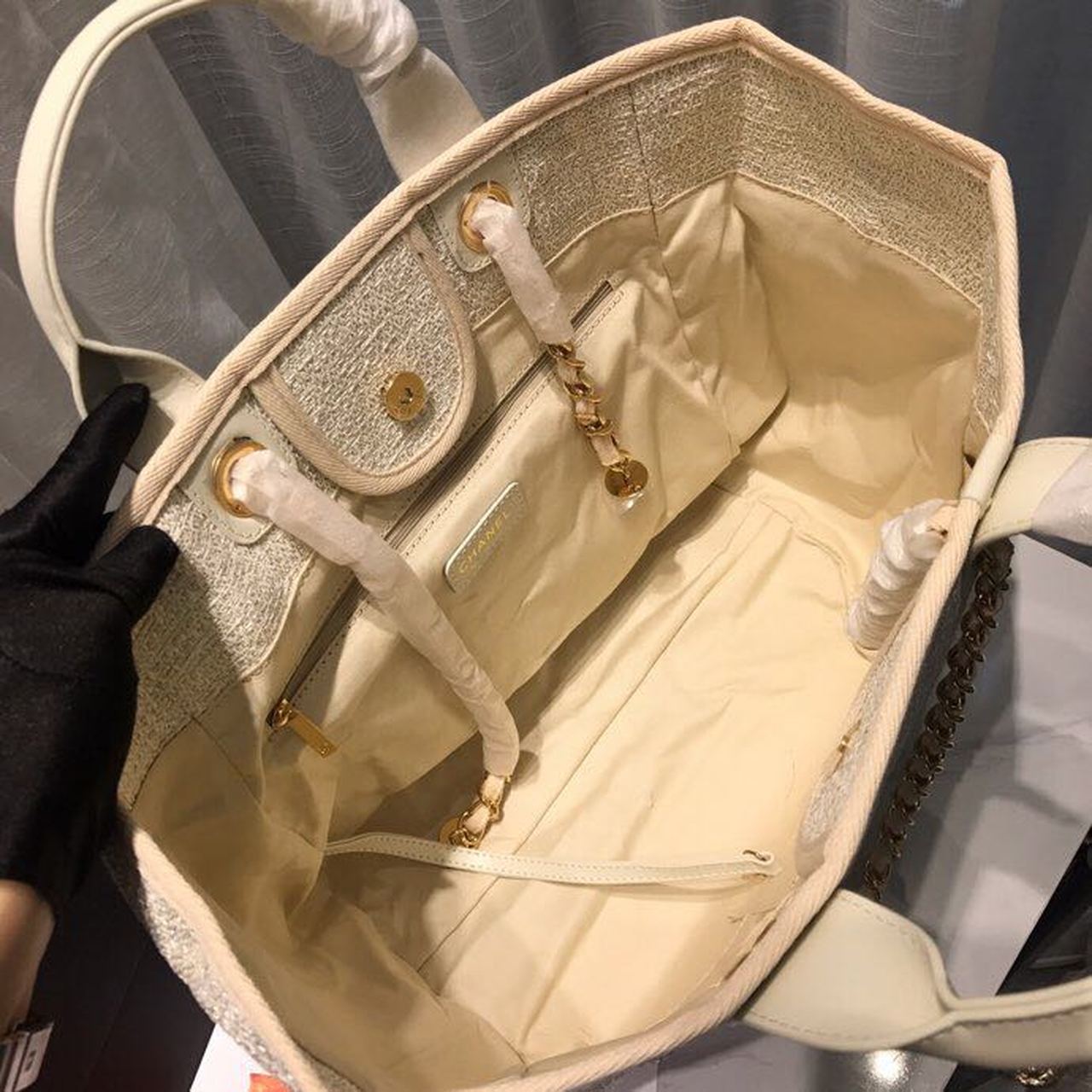 CHANEL BEIGE DEAUVILLE TOTE TWEED CANVAS BAG