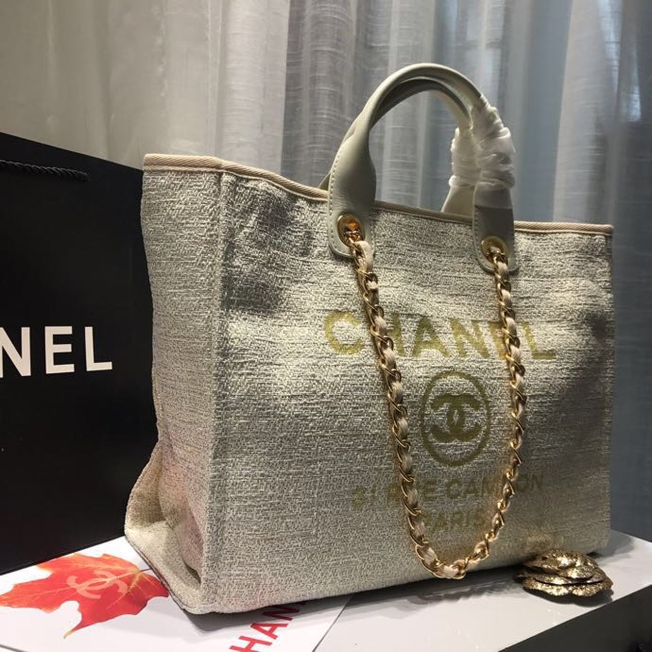 CHANEL BEIGE DEAUVILLE TOTE TWEED CANVAS BAG