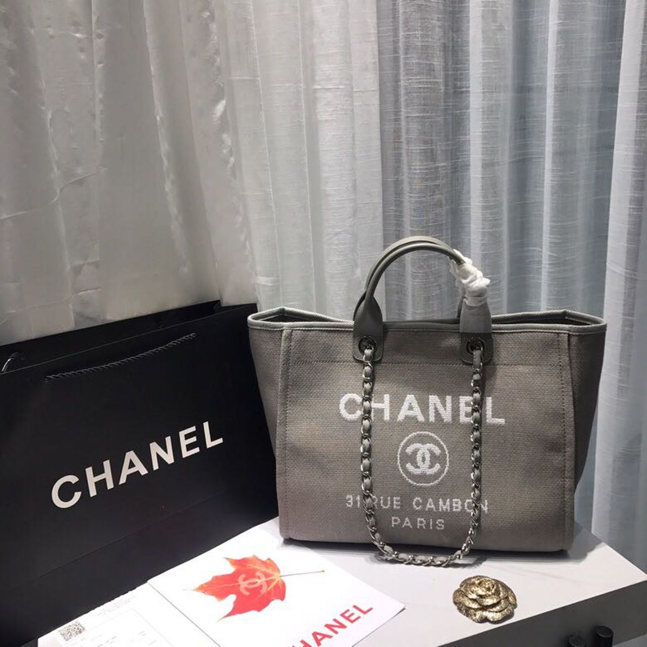 CHANEL GREY DEAUVILLE TOTE TWEED CANVAS BAG