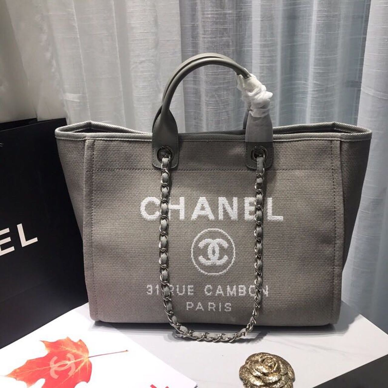 CHANEL GREY DEAUVILLE TOTE TWEED CANVAS BAG