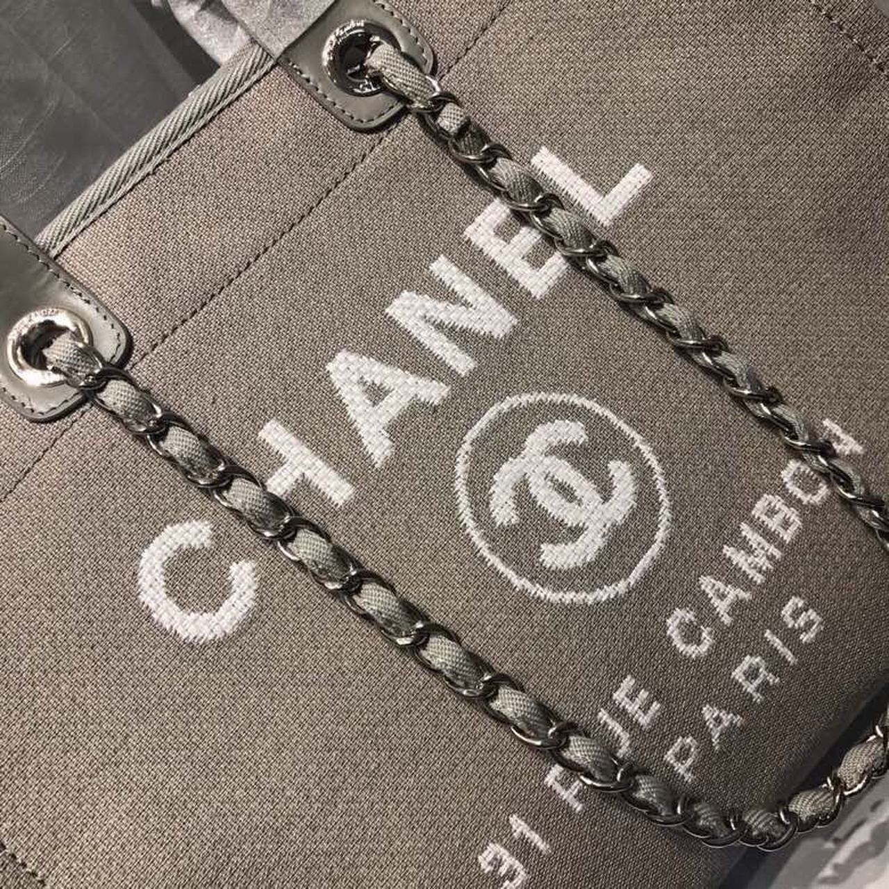 CHANEL GREY DEAUVILLE TOTE TWEED CANVAS BAG