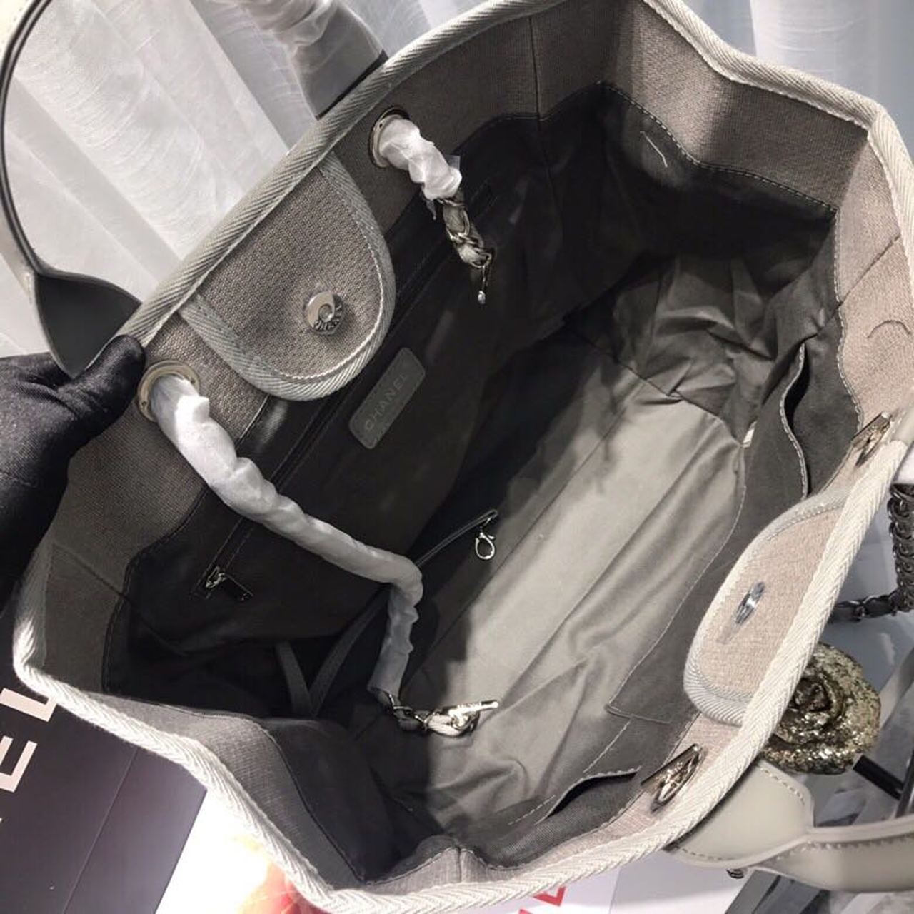 CHANEL GREY DEAUVILLE TOTE TWEED CANVAS BAG