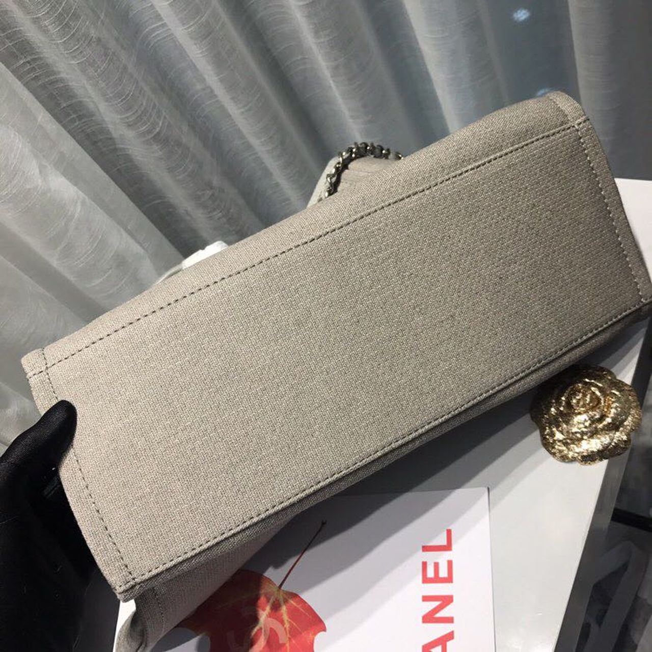 CHANEL GREY DEAUVILLE TOTE TWEED CANVAS BAG