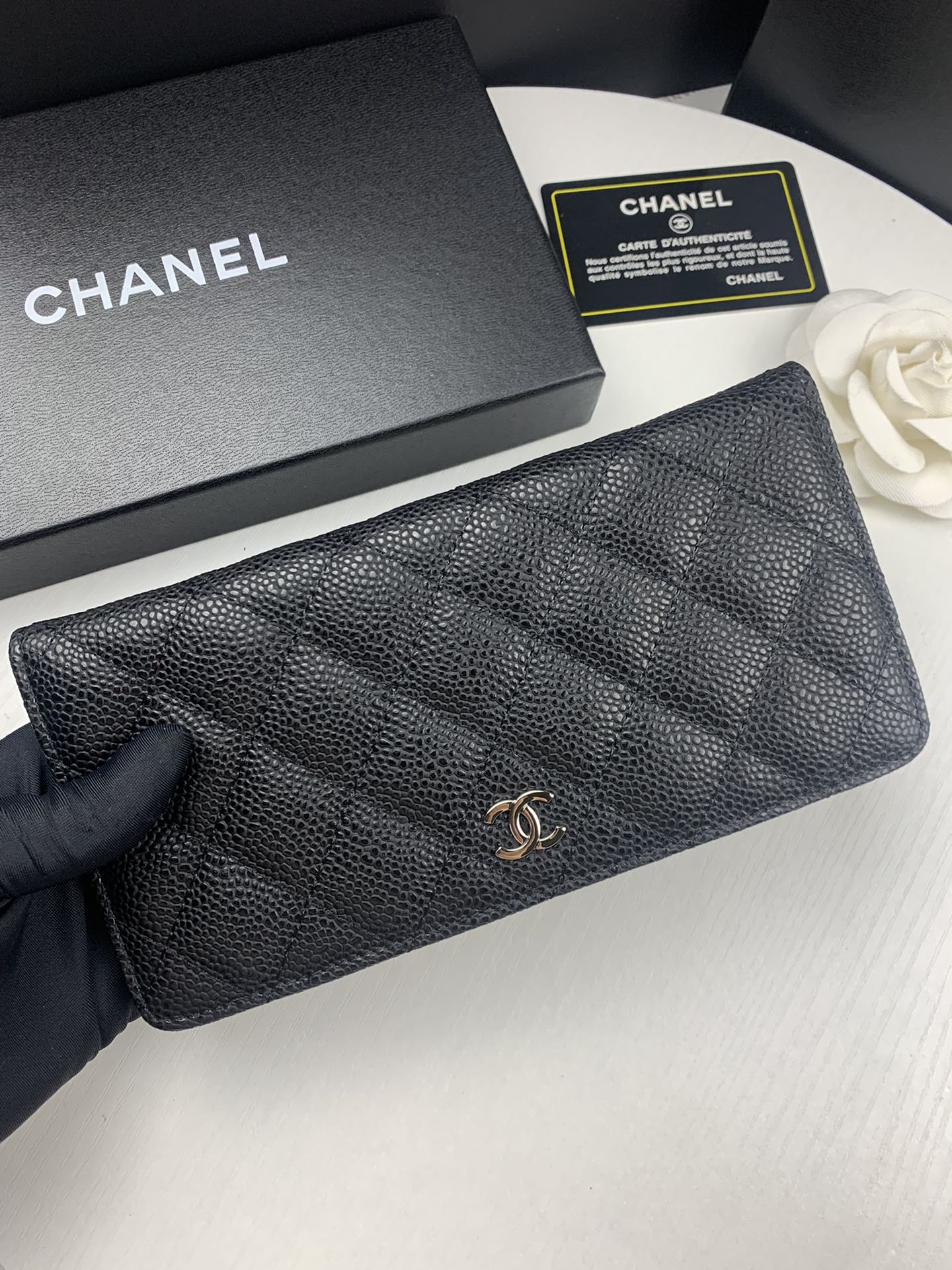 CHANEL BLACK CAVIAR LEATHER CLASSIC LONG FLAP WALLET 19.5CM