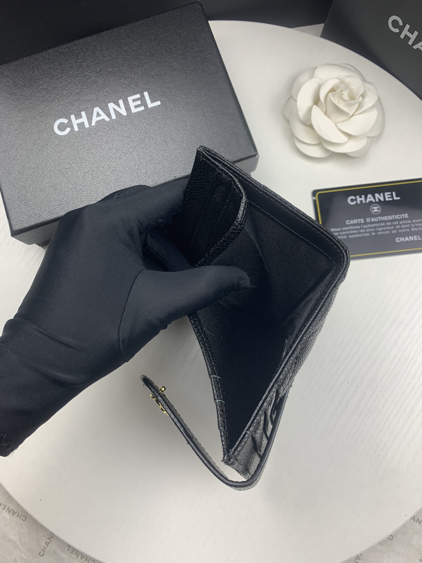CHANEL CARD HOLDER BLACK WITH GOLD HARDWARE 12CM