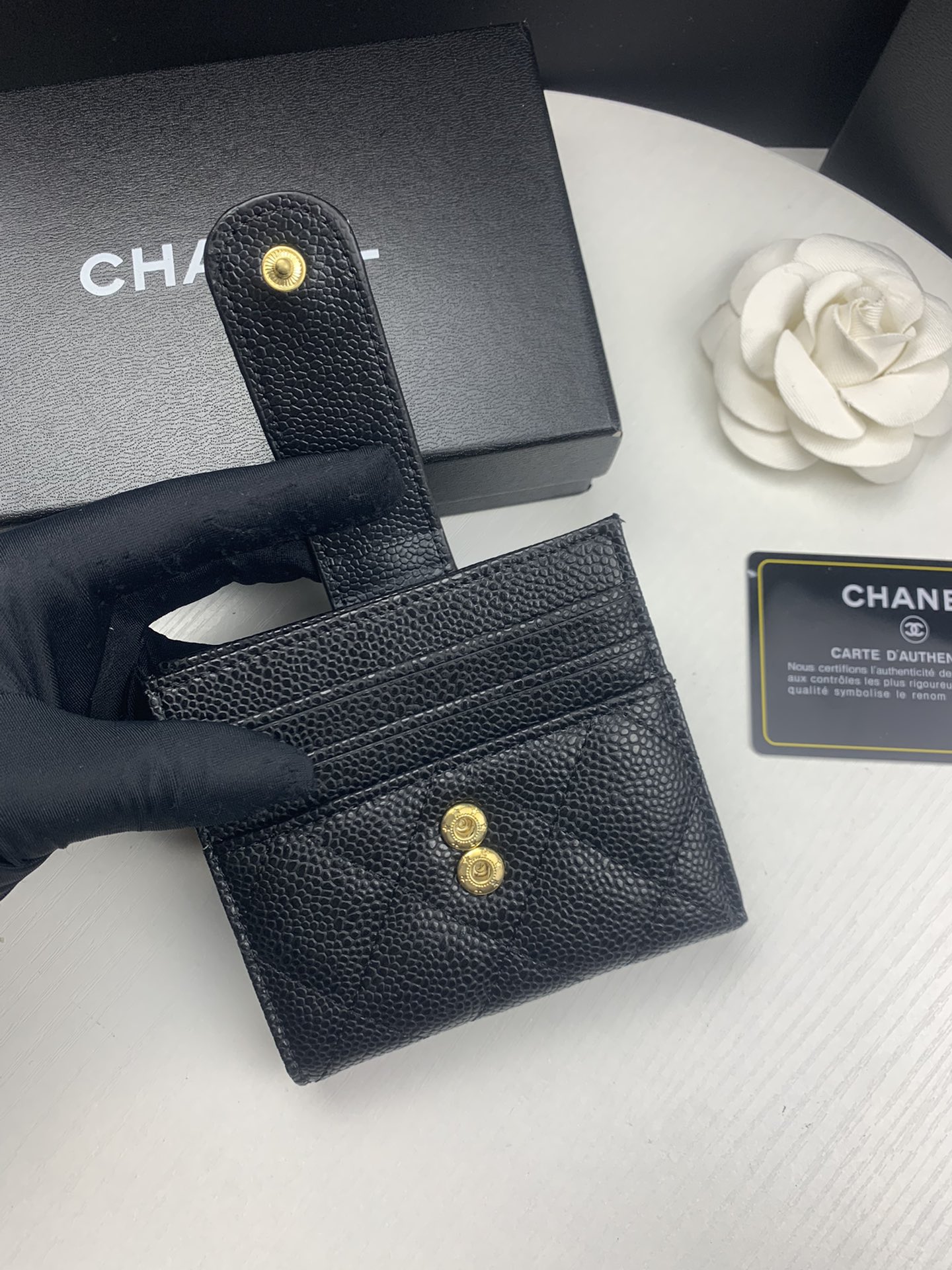 CHANEL CARD HOLDER BLACK WITH GOLD HARDWARE 12CM