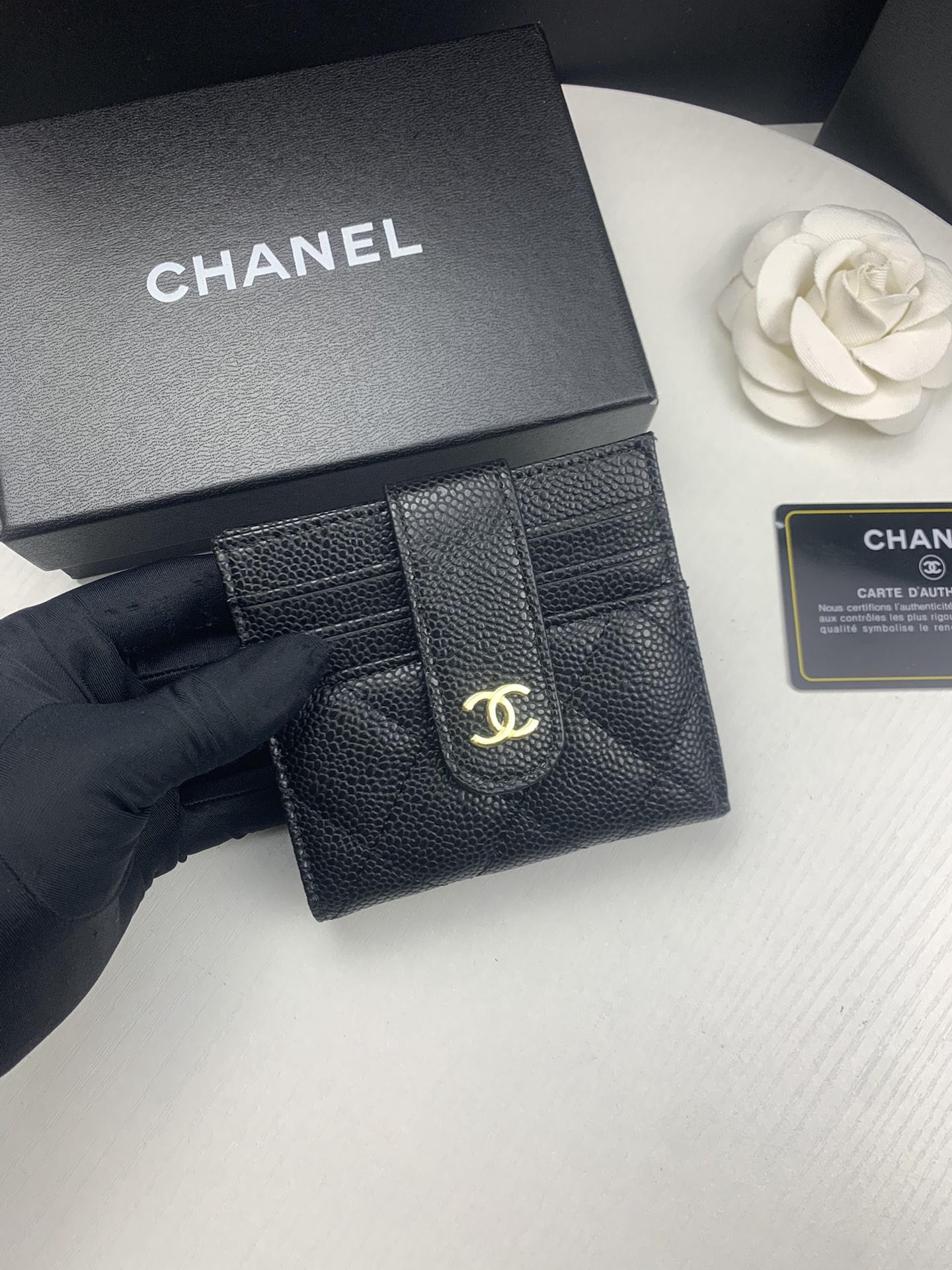 CHANEL CARD HOLDER BLACK WITH GOLD HARDWARE 12CM