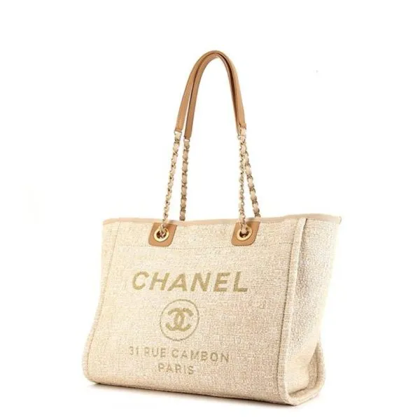 Chanel 15in/38cm Beige Deauville Tote Tweed Canvas Bag