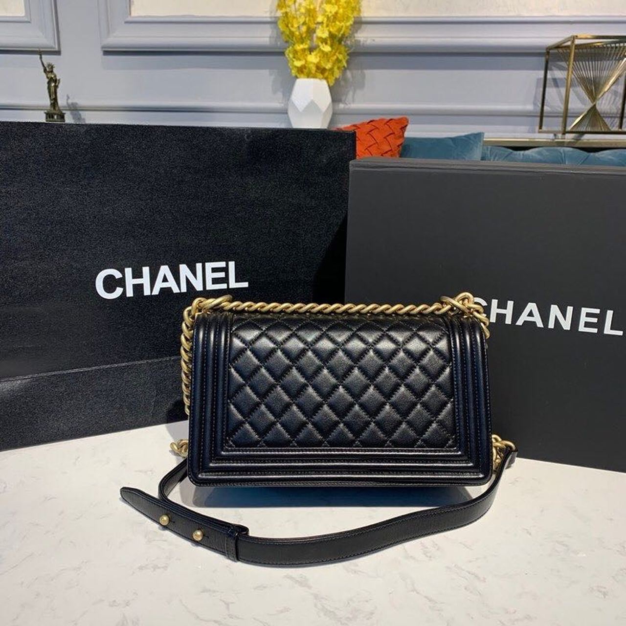 CHANEL BOY HANDBAG GOLD TONED HARDWARE BLACK 9.8IN/25CM