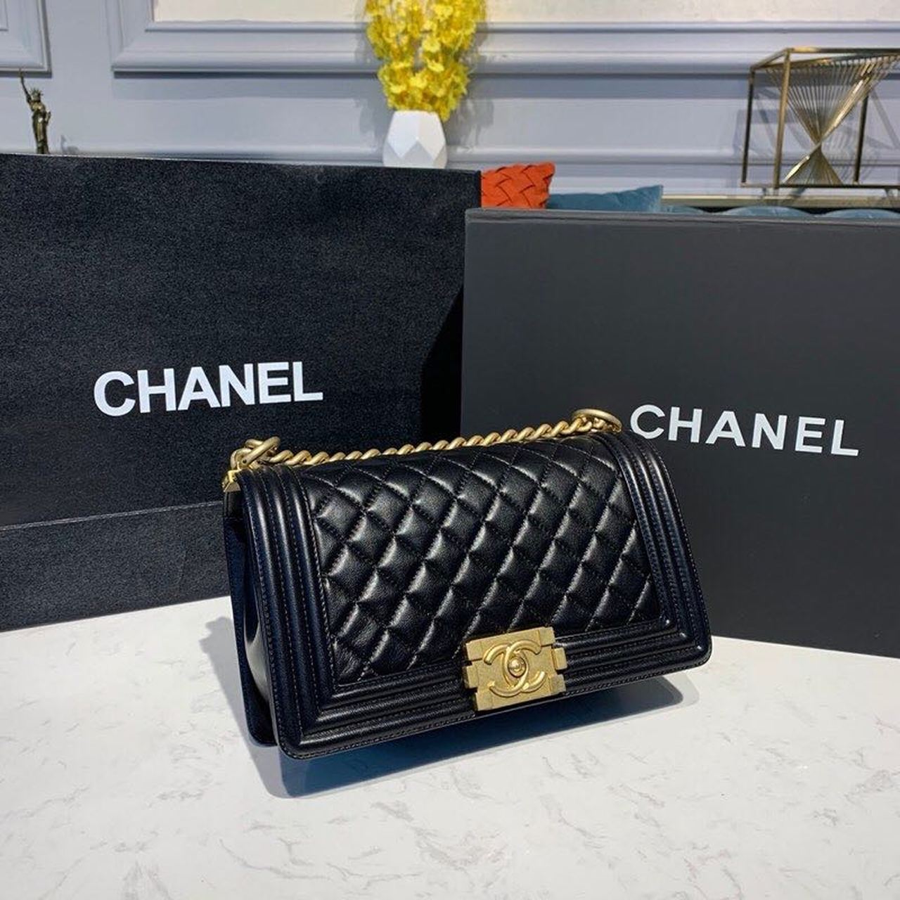 CHANEL BOY HANDBAG GOLD TONED HARDWARE BLACK 9.8IN/25CM