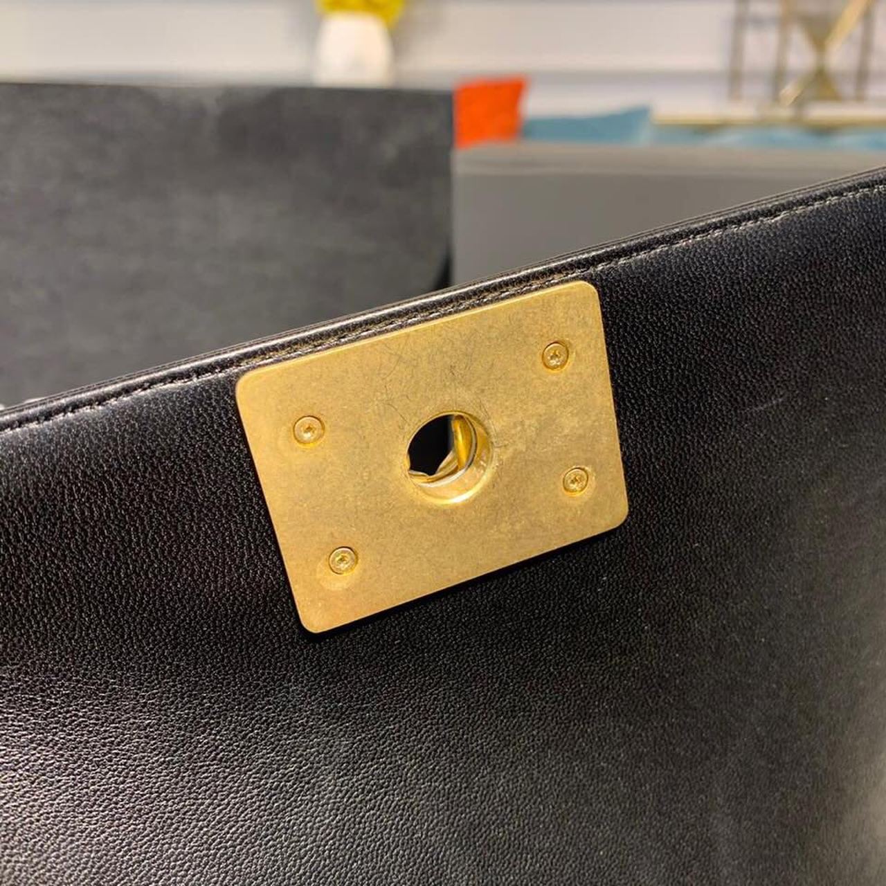 CHANEL BOY HANDBAG GOLD TONED HARDWARE BLACK 9.8IN/25CM