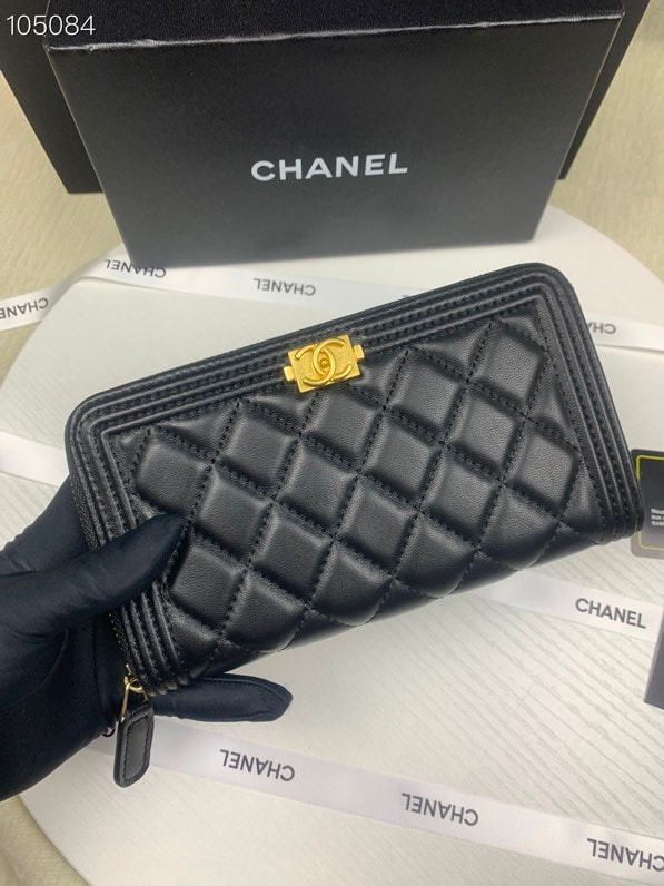 CHANEL BOY LONG ZIPPED WALLET WITH GOLD HARDWARE BLACK 19.4CM