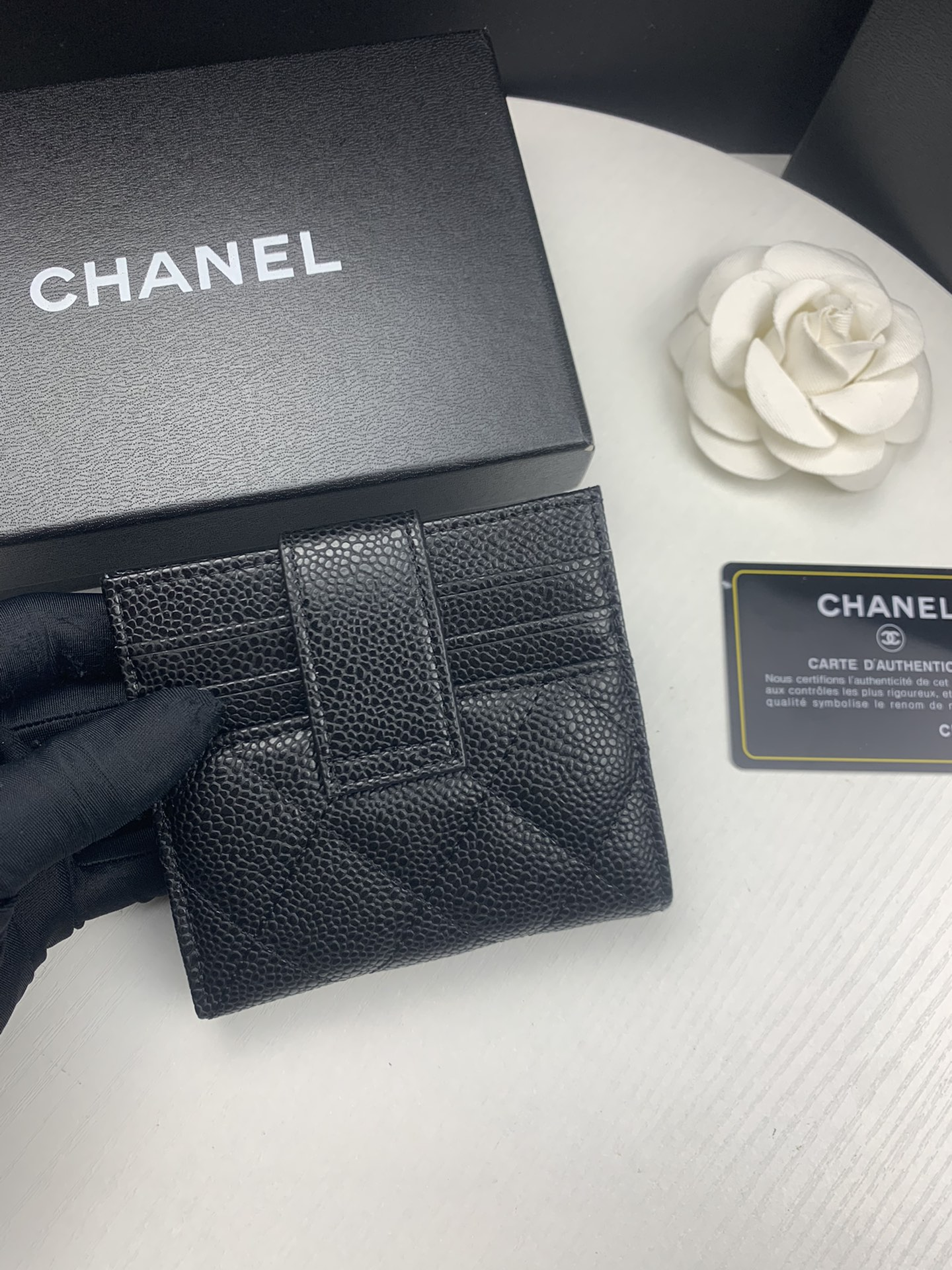 CHANEL CARD HOLDER BLACK WITH GOLD HARDWARE 12CM