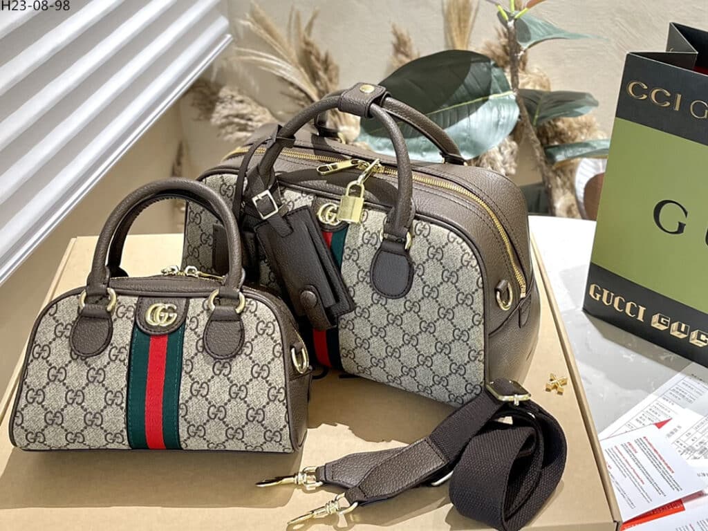 GUCCI BROWN OPHIDIA MEDIUM GG TOP HANDLE BAG 32CM