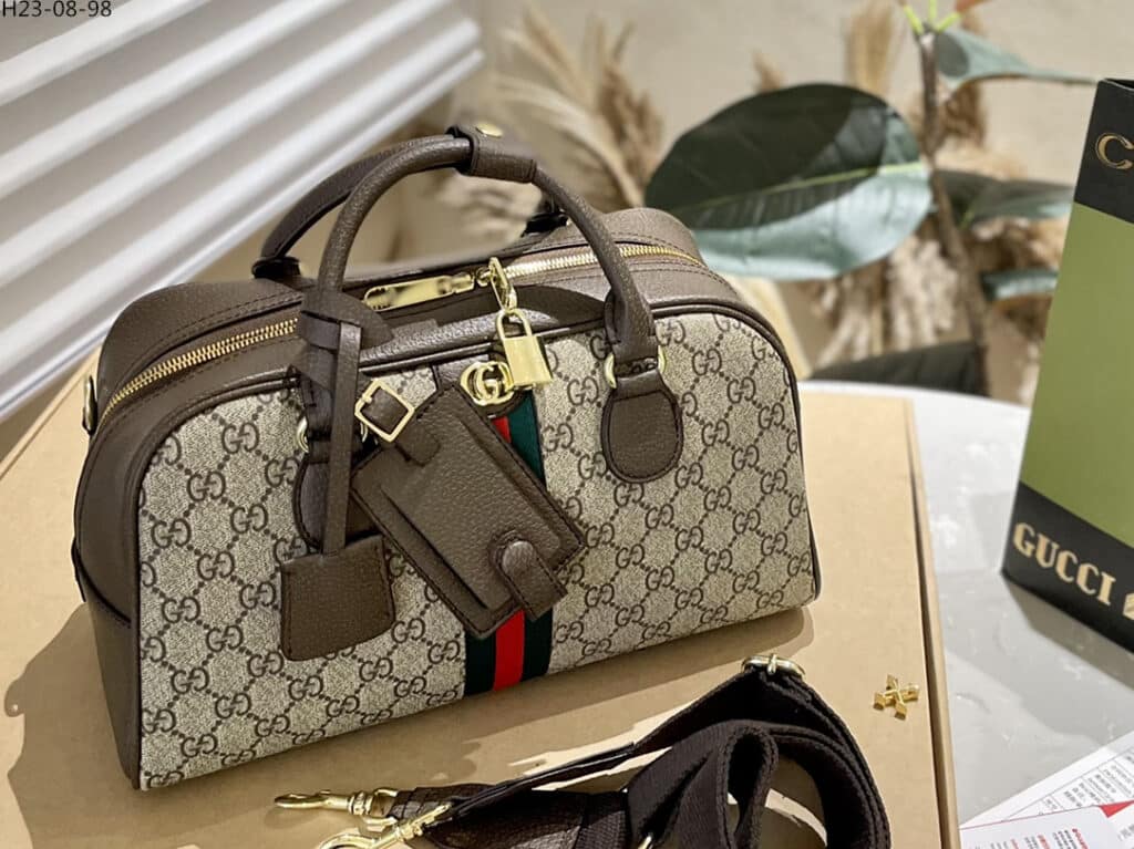 GUCCI BROWN OPHIDIA MEDIUM GG TOP HANDLE BAG 32CM