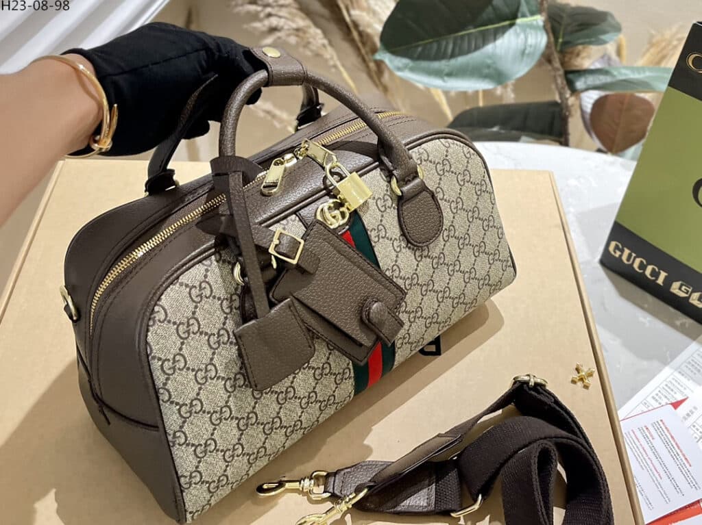 GUCCI BROWN OPHIDIA MEDIUM GG TOP HANDLE BAG 32CM