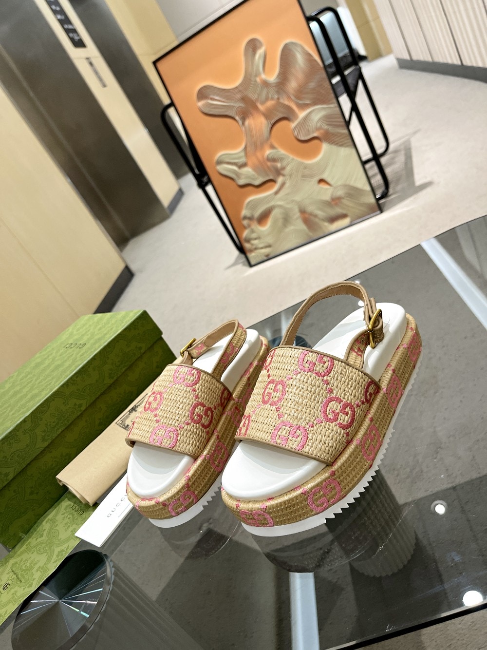 SANDAL GUCCI BEIGE PINK PLATFORM SANDALS