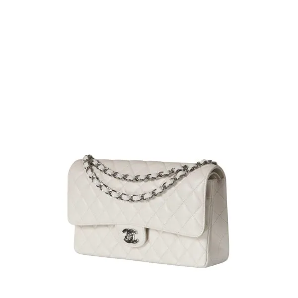 Chanel Classic Medium Flapbag Silver Hardware White