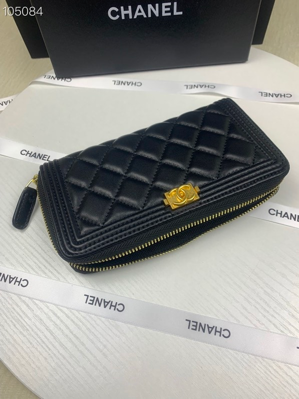 CHANEL BOY LONG ZIPPED WALLET WITH GOLD HARDWARE BLACK 19.4CM