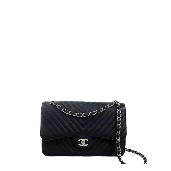 Chanel Chevronn Classic Handbag Silver Hardware Black