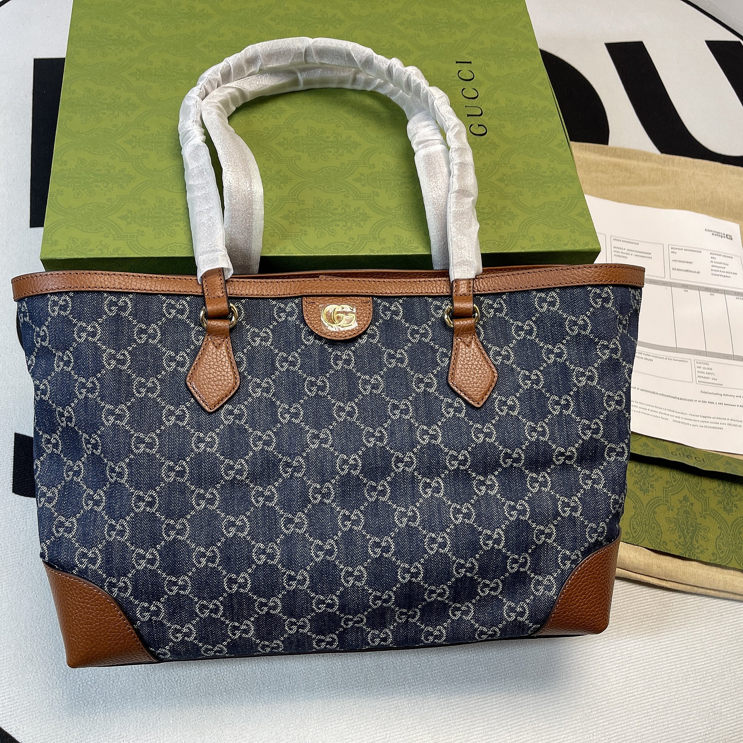 GUCCI DARK BLUE OPHIDIA GG MEDIUM TOTE