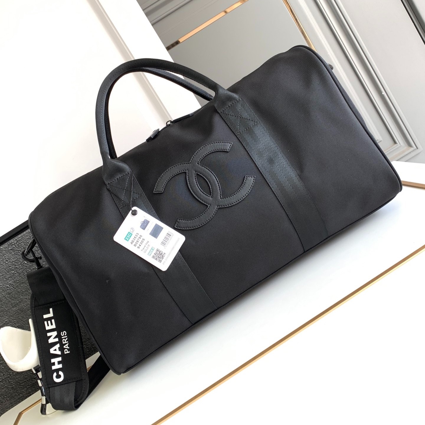 CHANEL BLACK CC LOGO NOVELTY BOSTON TRAVEL BAG