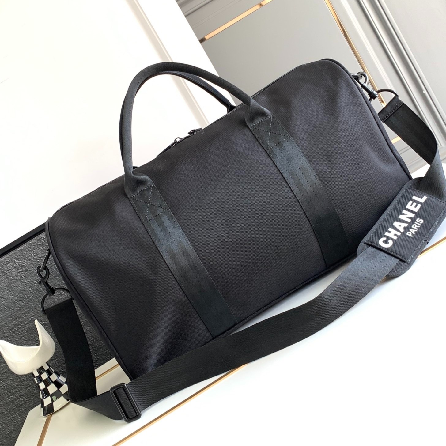 CHANEL BLACK CC LOGO NOVELTY BOSTON TRAVEL BAG