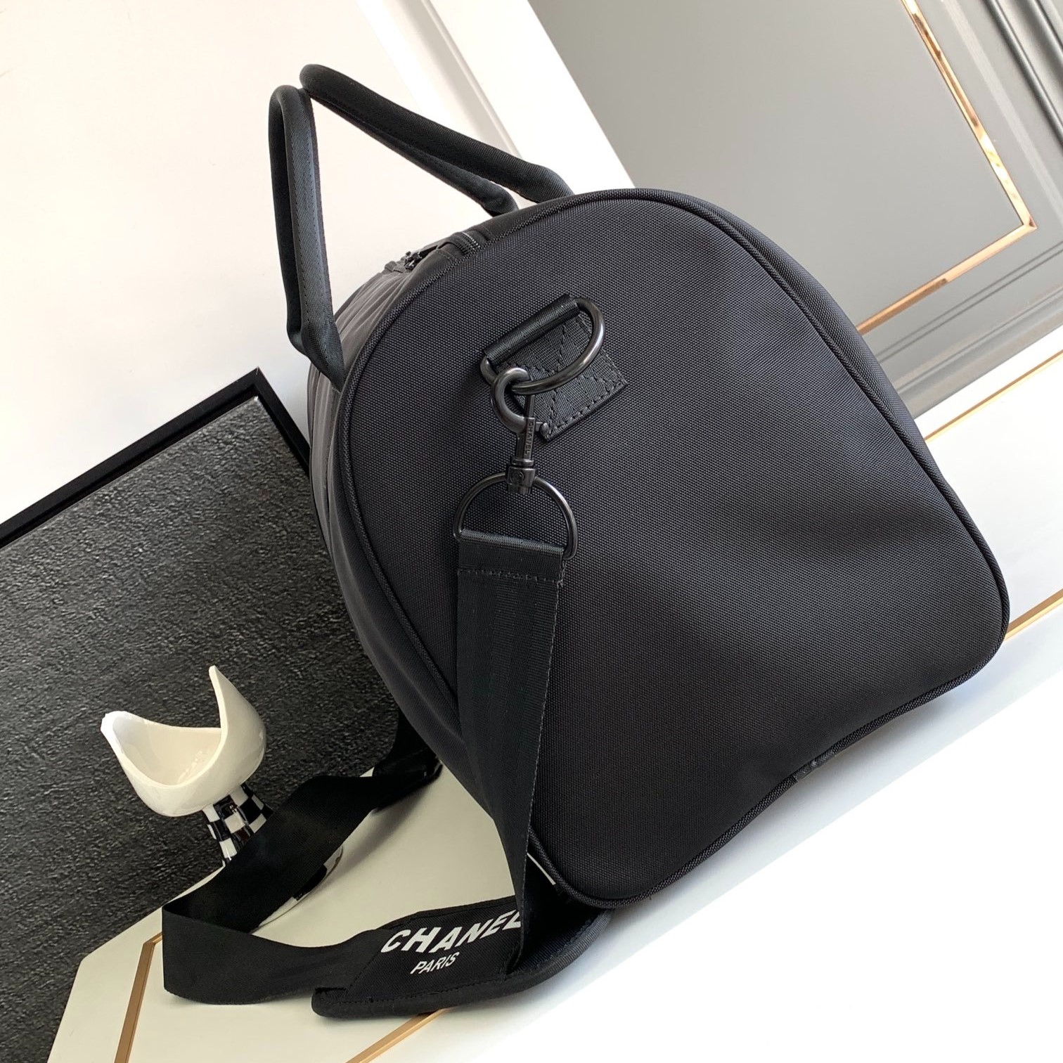 CHANEL BLACK CC LOGO NOVELTY BOSTON TRAVEL BAG