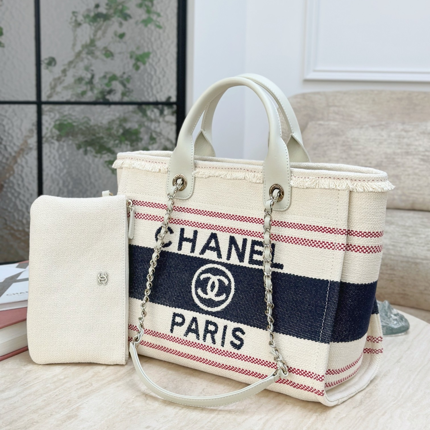 CHANEL BEIGE LARGE DEAUVILLE TOTE BAG 35CM