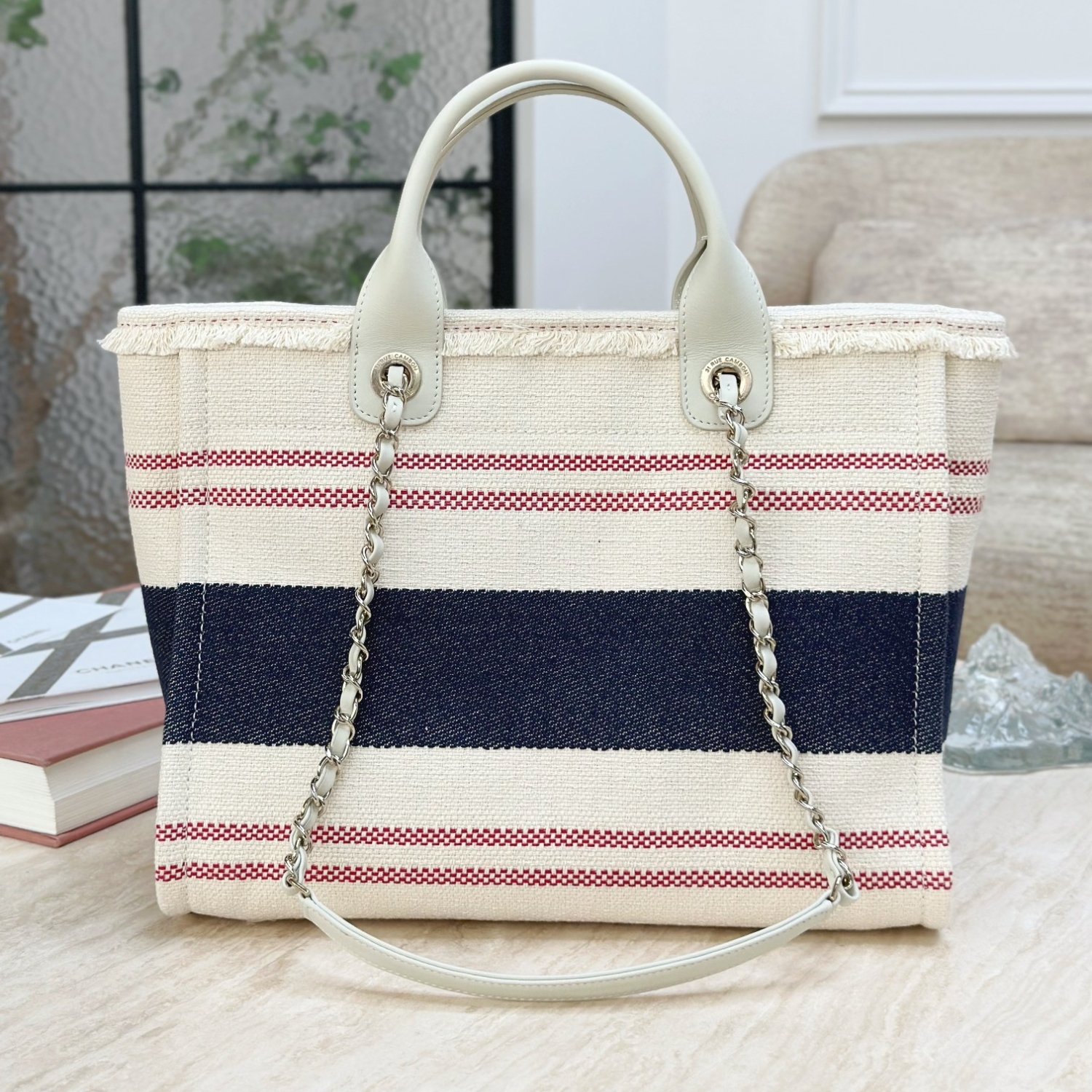 CHANEL BEIGE LARGE DEAUVILLE TOTE BAG 35CM