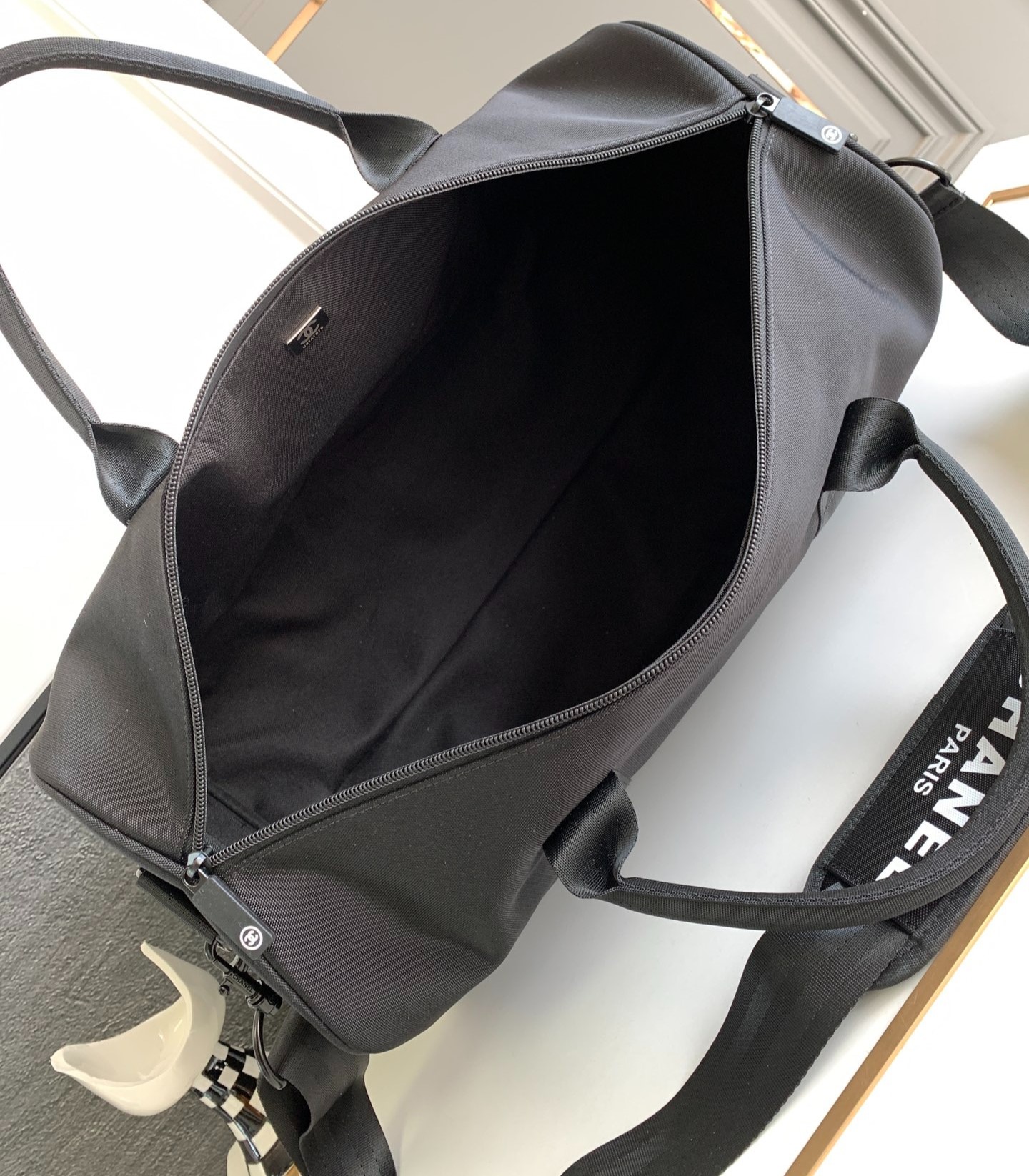 CHANEL BLACK NOVELTY BOSTON TRAVEL BAG