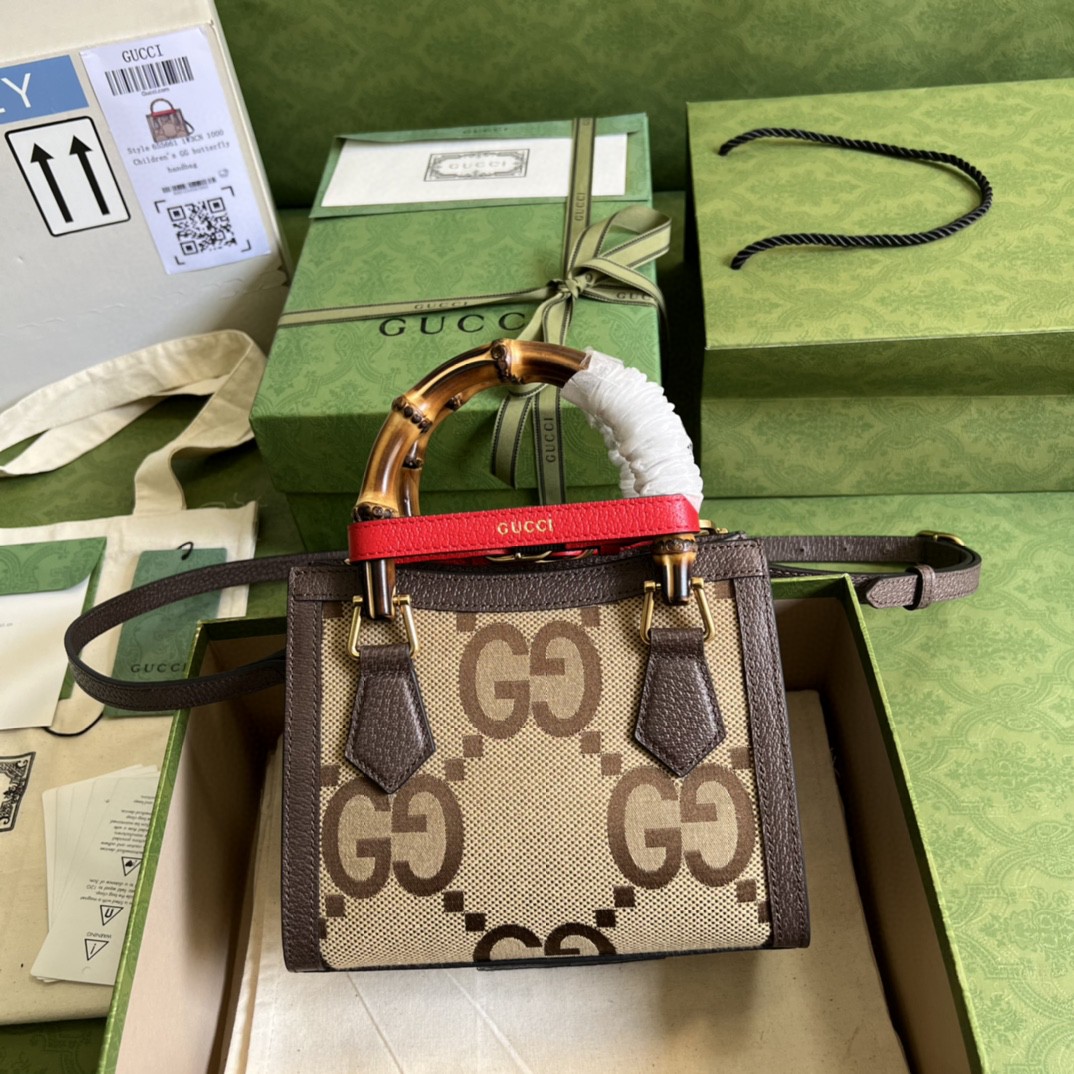 GUCCI DIANA CANVAS BROWN JUMBO GG MINI TOTE BAG CAMEL AND EBONY JUMBO GG